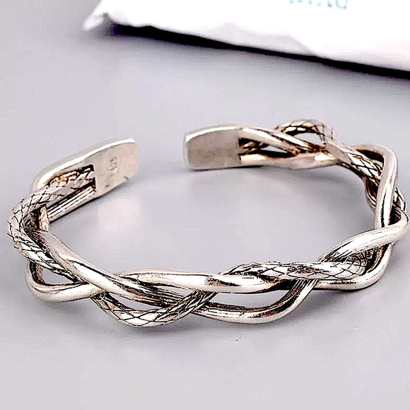 Braided Sterling Silver Bangle Cuff Bracelet - Picture 4 of 16
